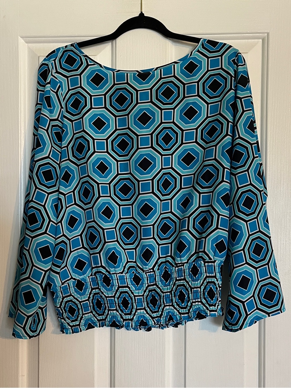 Michael Kors Teal and Black Geometric Long-Sleeve Blouse size large